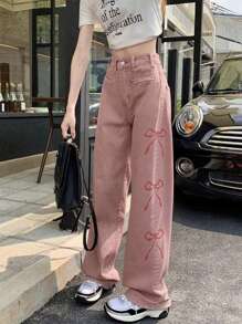 Women's Solid Color Mid-Waist Straight Loose Fit Butterfly Embroidery Casual Jeans