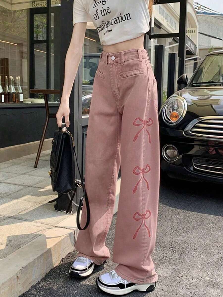 Women's Solid Color Mid-Waist Straight Loose Fit Butterfly Embroidery Casual Jeans