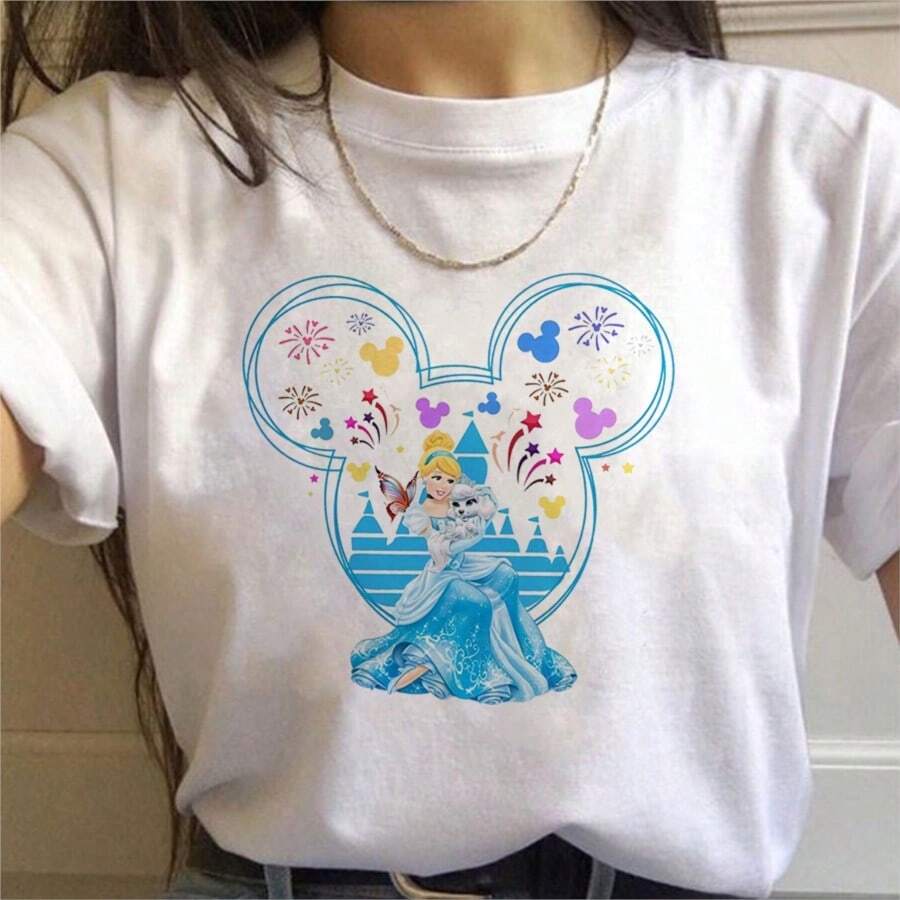 COOL SUMMER Casual Disneyss Cartoon Mermaid Princess Girl Tops Mickeys Mouses T-Shirts Fashion Disneyland Clothes Harajuku T Shirt Women Blouses - 白色 - 查看 1