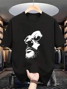 Chemise en coton à imprimé graphique pour hommes, col rond, manches courtes, style de rue, vêtements de sport décontractés confortables et légers de couleur beige, design noir et blanc, tenue décontractée, vêtements doux pour la peau - Noir - Voir 1