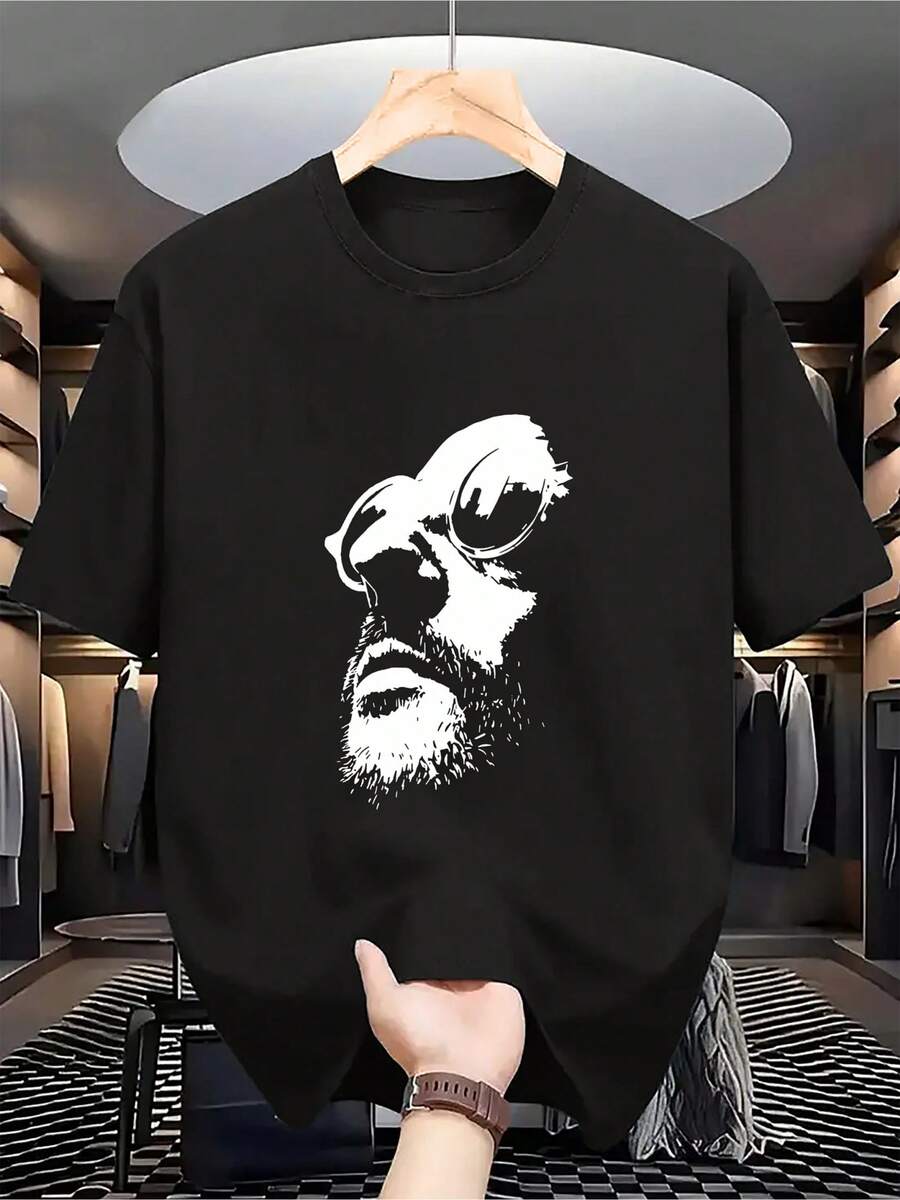 Chemise en coton à imprimé graphique pour hommes, col rond, manches courtes, style de rue, vêtements de sport décontractés confortables et légers de couleur beige, design noir et blanc, tenue décontractée, vêtements doux pour la peau - Noir - Voir 1