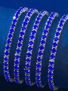 5 件闪亮水晶水钻弹性手链，派对风格闪亮可调节手镯，优雅女士礼物 - 寶藍色 - 查看 3