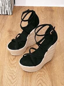 Giày sandal đế xuồng dệt kim dành cho nữ, đế chống thấm nước, mũi hở, quai dây thừng, nơ, kiểu dáng bohemian, giày cao gót hở gót, giày casual mùa xuân, trang phục mùa hè, phụ kiện du lịch thiết yếu - màu đen - Xem 6