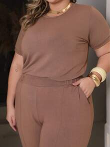 Women's Plus Size Set Of Sweatpants And Short-Sleeved Top - Mocha Mouse - View 7