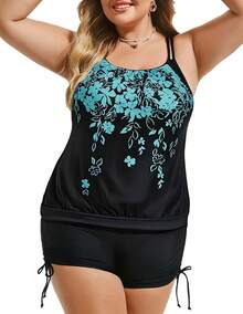 Womens Plus Size Striped Printed Strappy Tankini Top With Shorts Two Pieces Swimsuit - Cyan Floral - View 2
