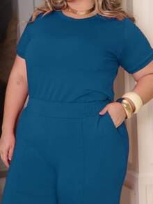 Women's Plus Size Set Of Sweatpants And Short-Sleeved Top - Teal Blue - View 4