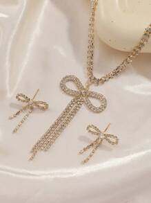 2pcs Women Elegant Necklace&Earrings Set, Double Bow Crystal Tassel Jewelry For Wedding Party,Bridal