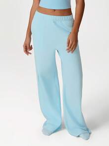 Sodalemon Pantalones anchos informales de mujer para entrenamiento con cintura elástica, bolsillos laterales, para deportes y actividades al aire libre - Celeste - Ver 4