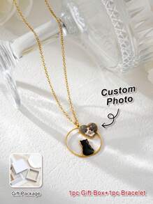 Customized Double-Sided Photo Necklace, Stainless Steel Women Cat Silhouette Pendant Necklace, Customized Pet Photo, Family Photo, Pet Memorial Gift, Gift For Friends, Birthday Gift, Thanksgiving Gift, Easter Gift