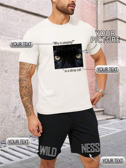 Personalized Custom Men's 2 Pieces Set, Summer/Autumn, White T-Shirt & Black Shorts, Casual Loose Fit, Upload Your Own Photo/Logo (Lover/Boyfriend/Girlfriend/Pet Photo, Group Photo), Add Your Text (Name, Slogan, Fun Text, Blessing), Company Uniforms, Halloween Party Customized Outfits, Great Gift For Boyfriend, Family, Friends Birthday, Holidays, Valentine's Day, Anniversary