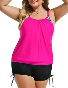 Tankini de talla grande para mujer con parte superior estampada a rayas y tirantes, con shorts, conjunto de dos piezas de traje de baño - Rosa - Ver 2