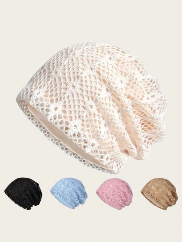 1 pieza Gorro de mujer de encaje transpirable, gorro holgado con estilo, gorra tipo turbante fina para protección solar, boina de malla vintage calada de un solo color