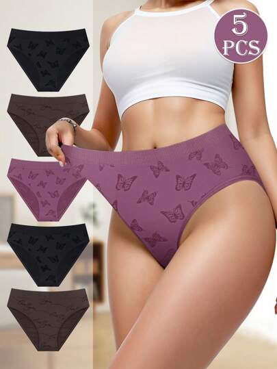 MEIYATING 5pcs/Pack Women's Seamless Striped Panties, Low-Waist Fashionable Printed, Comfortable Fit