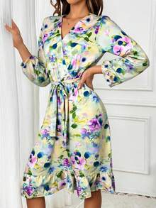 Vestido de Mujer Casual de Verano con Estampado Floral Mini y Mangas de Murciélago para Vacaciones - Amarillo - Ver 3