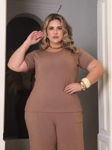 Women's Plus Size Set Of Sweatpants And Short-Sleeved Top - Mocha Mouse - View 8
