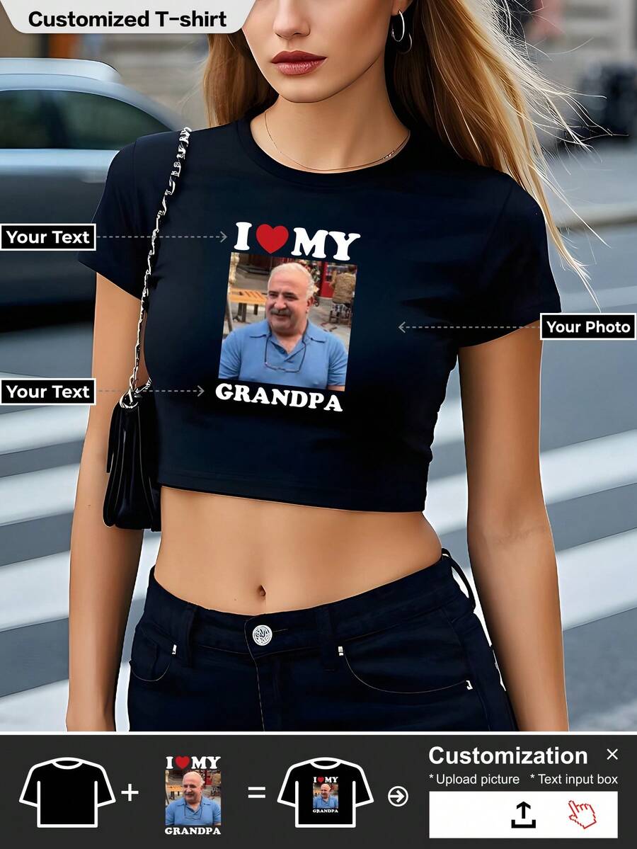 定制个性化T恤，短款T恤，修身款，日常休闲款。上传您的设计，制作您自己的个性化印花T恤。 - 黑色 - 查看 1