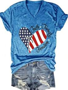 4th Of July V Neck Patriotic T-Shirts Women American Flag Print Faith Family Freedom Letter Casual Short Sleeve Tee Tops Halloween Christmas New Year - 藍色 - 查看 1