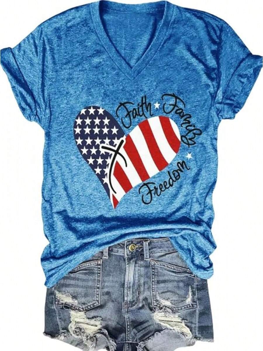 4th Of July V Neck Patriotic T-Shirts Women American Flag Print Faith Family Freedom Letter Casual Short Sleeve Tee Tops Halloween Christmas New Year - 藍色 - 查看 1