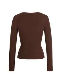 GLAMSKIN Women's Summer/Autumn Basic Striped Color Block Trim V-Neck Long Sleeve Top, Back To School/Outing/Streetwear Brown Casual - Brown - View 4