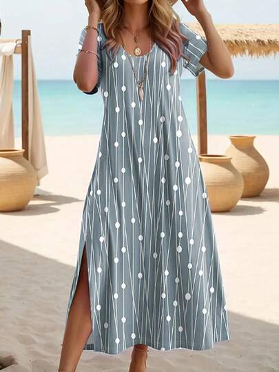 Women Geometric Dot Print V Neck Maxi Dress, Short Sleeve Casual Loose Split Hem Long Dresses, Bohemian Summer Beach Vacation Sundress For Daily Wear Party