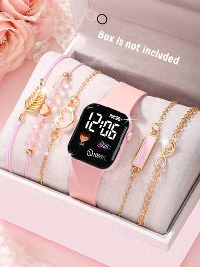 6/1pc Elegant And Cute Girl Pink Digital Electronic Watch And Leaf Bracelet Set, Perfect For Parties, Packing And Going Out, Buying Gifts To Give To Friends And Relatives, The Perfect Gift For Girls