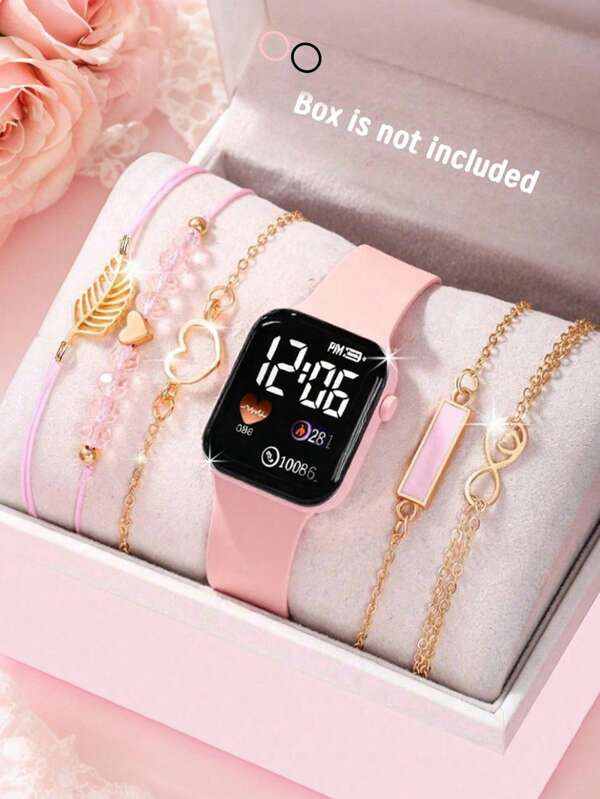 6/1pc Elegant And Cute Girl Pink Digital Electronic Watch And Leaf Bracelet Set, Perfect For Parties, Packing And Going Out,Back To School Buying Gifts To Give To Friends And Relatives, The Perfect Gift For Girls