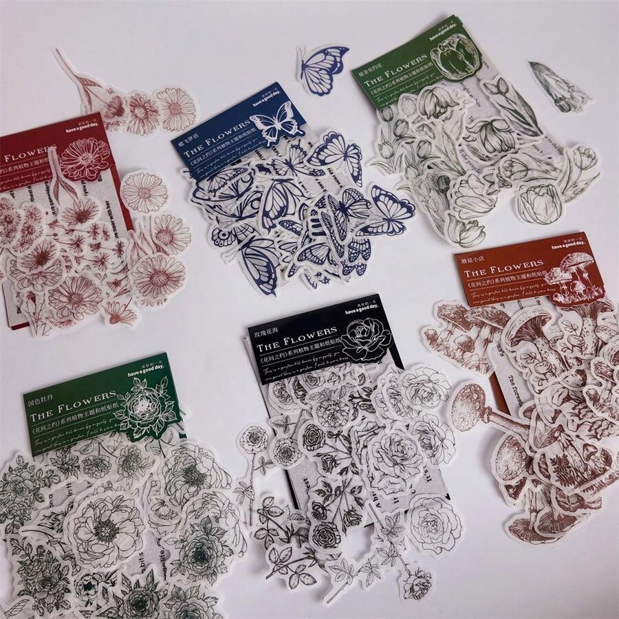 34pcs Floral Theme Washi Stickers, Plant Decorative Materials For Scrapbooking, School Supplies,Back To School - Multicolor - View 1