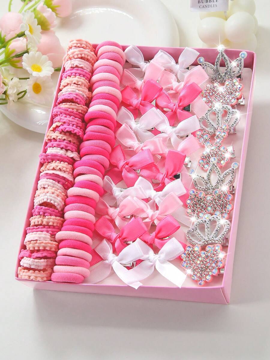 111pcs/Set Pink Rhinestone Rabbit Crown, Heart, Bow Hair Clips, Cute Girl's Elastic Hair Ties, Durable & Non-Damaging, Suitable For Daily Use - Multicolor - View 1