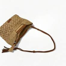 2025 Torba damska na ramię z rafii o pustym kształcie, prosta, lekka, ręcznie robiona torba z ażurowym wzorem, styl wakacyjny dla nastolatek i studentek, idealna na studia, na świeżym powietrzu, w podróż, na wycieczki, na wakacje, na plażę, na ramię, do ręki. - Kolor khaki - Zobacz 4