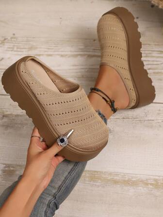 Women's Thick Sole Soft Cloud Sneakers, Breathable Comfortable Slip-On Casual Shoes With Minimalist Hollow Design, Solid Beige Color