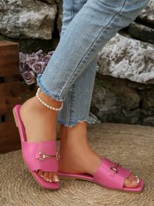 Women's Metal Buckle Slip-On White Sandals, Summer