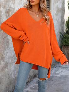 2025 New Arrival Versatile Solid Color Ribbed Split Front Short Back Long Casual Comfortable Loose Fashion Premium Sweater - Orange - View 3