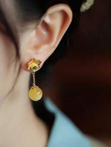 1pc Gold-Plated Natural Amber Retro Lotus Flower Pendant Necklace, Elegant Chinese Style, Suitable For Women's Daily, Festival, Party Wear And Gift - Yellow Gold - View 5