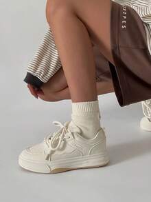2025 Spring/Summer Korean Thick Sole Canvas White Sneakers For Women, Versatile Platform Shoes, Casual Sports Shoes - Khaki - View 2
