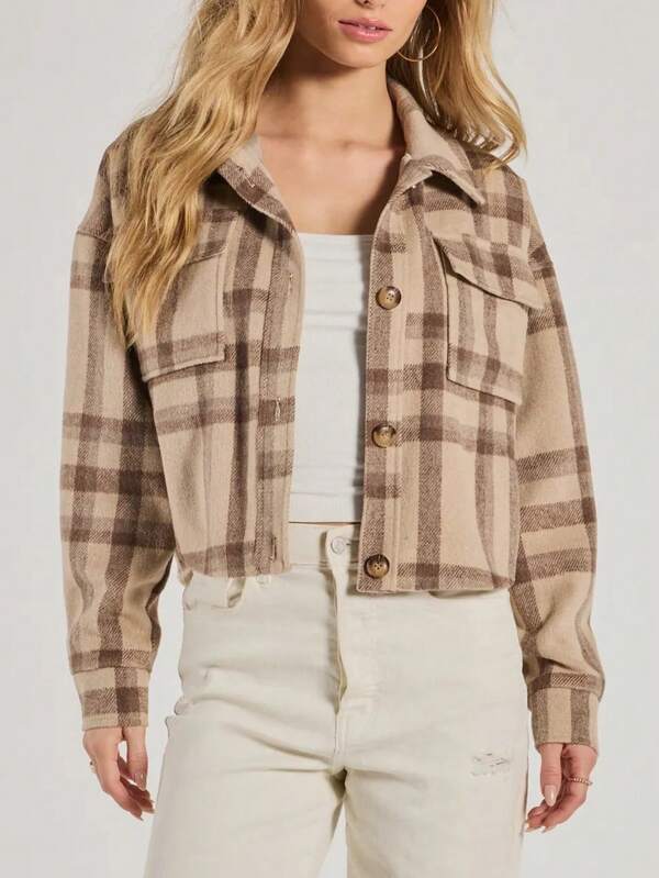 Chaqueta casual de mujer Luminous Wealth con bolsillo a cuadros y botones delanteros, elegante y de estilo nuevo, adecuada para primavera y otoño