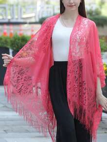 Woman's Plus Size Friendly Boho Cover Up, Lace Kimono, Women's Plus Floral Lace Batwing Sleeve Cover-Up, Open Front Tassel Trim Kimono, Lightweight Beach Cover Up - Watermelon Red - 查看 2
