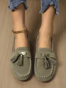 Sepatu Kasual Wanita Model Loafer Datar dengan Rumbai, Sepatu Datar Slip-On Sol Lembut dengan Pita Warna Polos untuk Semua Musim 2025, Koleksi Terbaru - Khaki - View 6