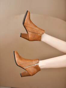 女士修身高跟靴，适合派对，舒适时尚，百搭棕色粗跟靴，保暖马靴，皮革尖头粗跟侧拉链秋冬马靴，女靴 - 棕色 - 查看 6