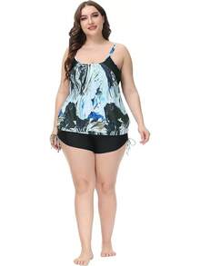 Tankini de talla grande para mujer con parte superior estampada a rayas y tirantes, con shorts, conjunto de dos piezas de traje de baño - Patrón de onda azul y negra - Ver 3