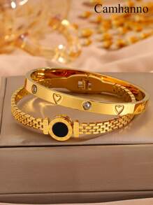 Camhanno Conjunto de 2 pulseiras vintage multicoloridas de aço inoxidável com design exclusivo em formato de coração para uso diário, presente perfeito para homens e mulheres, joias da moda