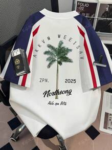 Koszulka z krótkim rękawem w kontrastowym kolorze z nadrukiem w stylu retro American Retro Coconut Tree T-shirt dla par, na wakacje, na lato