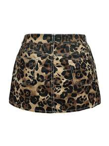 Women's Leopard Print Mini Skirt With Ruffled Hem, Y2K Style Street Fashion, Suitable For Back To School Season & Daily Wear - Coffee Brown - View 11