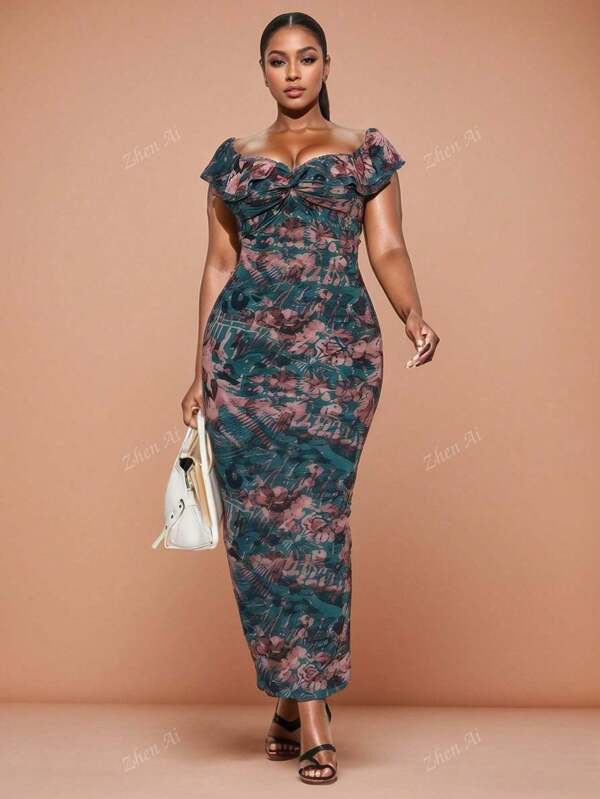 Plus-size dames nieuwe zomer vintage off-shoulder jurk met bloemenprint, elegante sexy taille-insnoering, romantisch bloemenmotief met ruches aan de zoom, geschikt voor dates, formele evenementen en vakanties