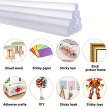 1/6/12/24热熔胶条套装，适用于DIY工艺品、一般家居维护和节日工艺品。热熔胶棒具有良好的粘合功能，可用于粘合木材、金属、玻璃、花卉、泡沫、织物、皮革、陶瓷、装饰品、手工艺品、电子产品、纸制品、包装、照片、办公用纸以及大多数塑料制品。工具配件