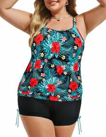 Womens Plus Size Striped Printed Strappy Tankini Top With Shorts Two Pieces Swimsuit - Green Leaf - View 3