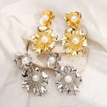 1 Par de pendientes elegantes y únicos de diseño asimétrico de doble capa con flores, para mujeres