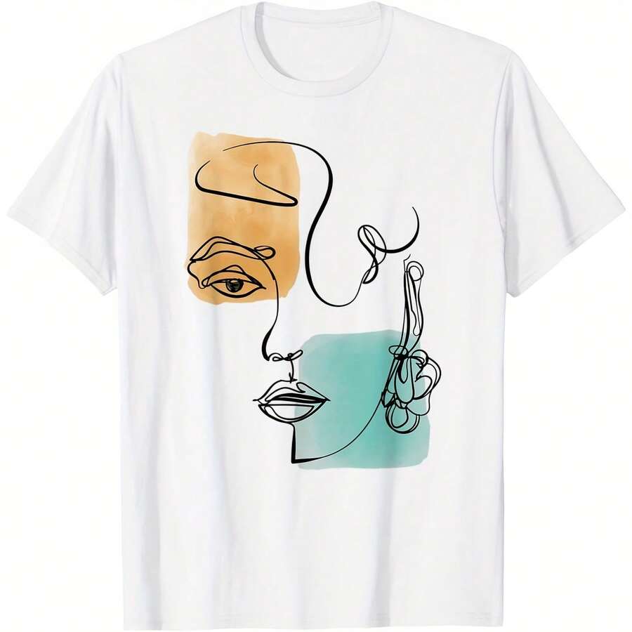 Camiseta con dibujo lineal minimalista de una línea y arte abstracto facialLa camiseta de - Blanco - Ver 1