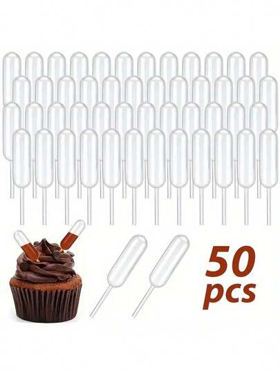Cupcakes Pipettes, 50PCS 4ml Clear Plastic Transfer Liquid Dropper Pipettes, Suitable For Chocolate Or Strawberries Cupcakes, Ice Cream, Mini Cakes, Waffles, Children's Painting, Kitchen Supplies