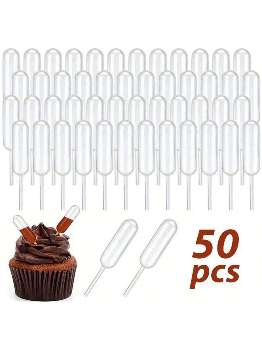 Cupcakes Pipettes, 50PCS 4ml Clear Plastic Transfer Liquid Dropper Pipettes, Suitable For Chocolate Or Strawberries Cupcakes, Ice Cream, Mini Cakes, Waffles, Children's Painting, Kitchen Supplies - long shape - View 1