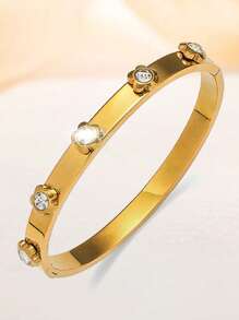 4 Stücke/1 Stück elegantes Armband aus Edelstahl mit Zirkonia, 18 Karat vergoldetes Armband, stapelbar, 5-Blüten Blumendesign, modischer Stil, geeignet für Frauen, für Lässig-Wear, Partys, Zusammenkünfte, Geburtstag, Hochzeit, Valentinstag, Muttertag Geschenk